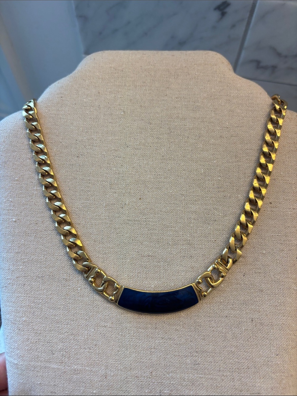 Vintage Trifari Gold-Tone Chain Necklace with Navy Enamel Accent